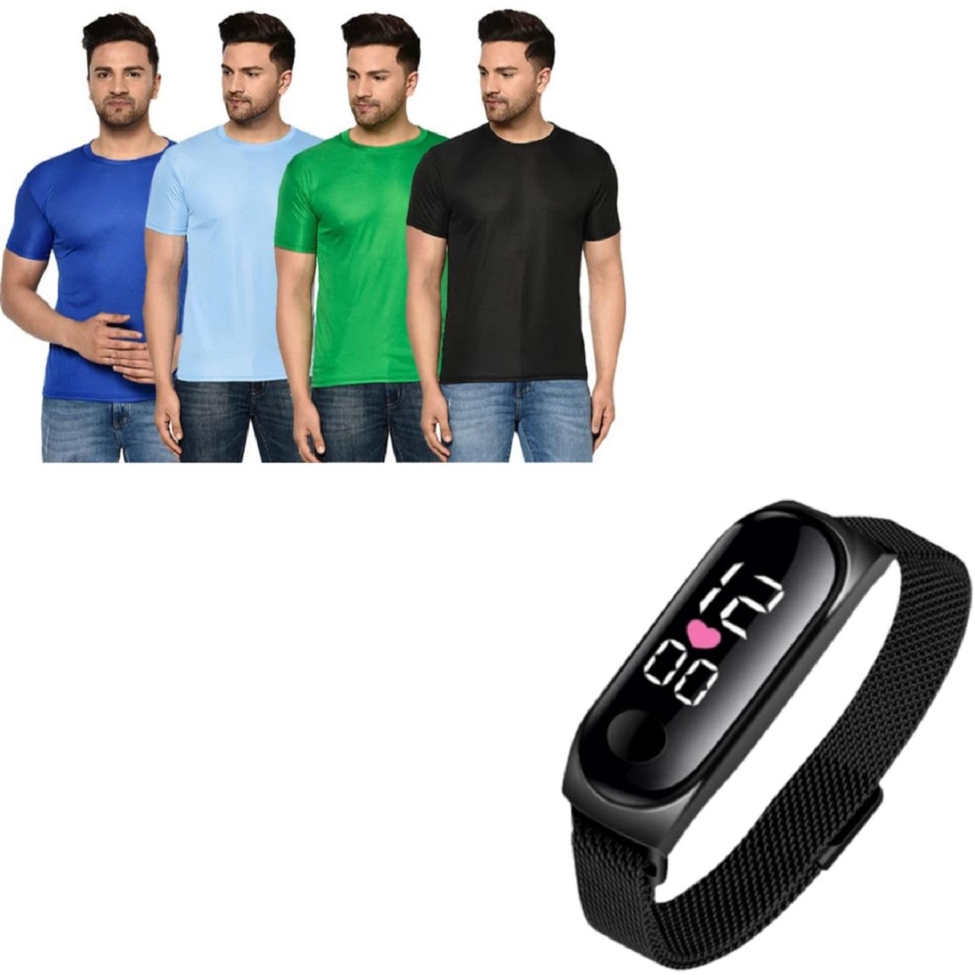 Fidato Men's Pack Of-4 Half Sleeves Round Neck T-shirt With Men's Magnetic Oval Watch Combo