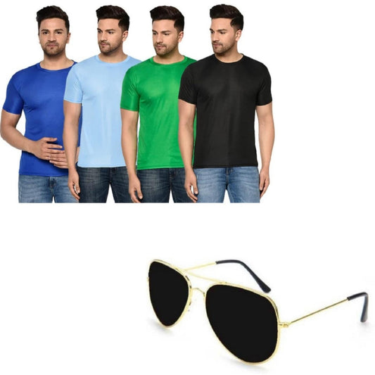 Fidato Men's Pack Of-4 Half Sleeves Round Neck T-shirt With Aviator Sunglass Combo